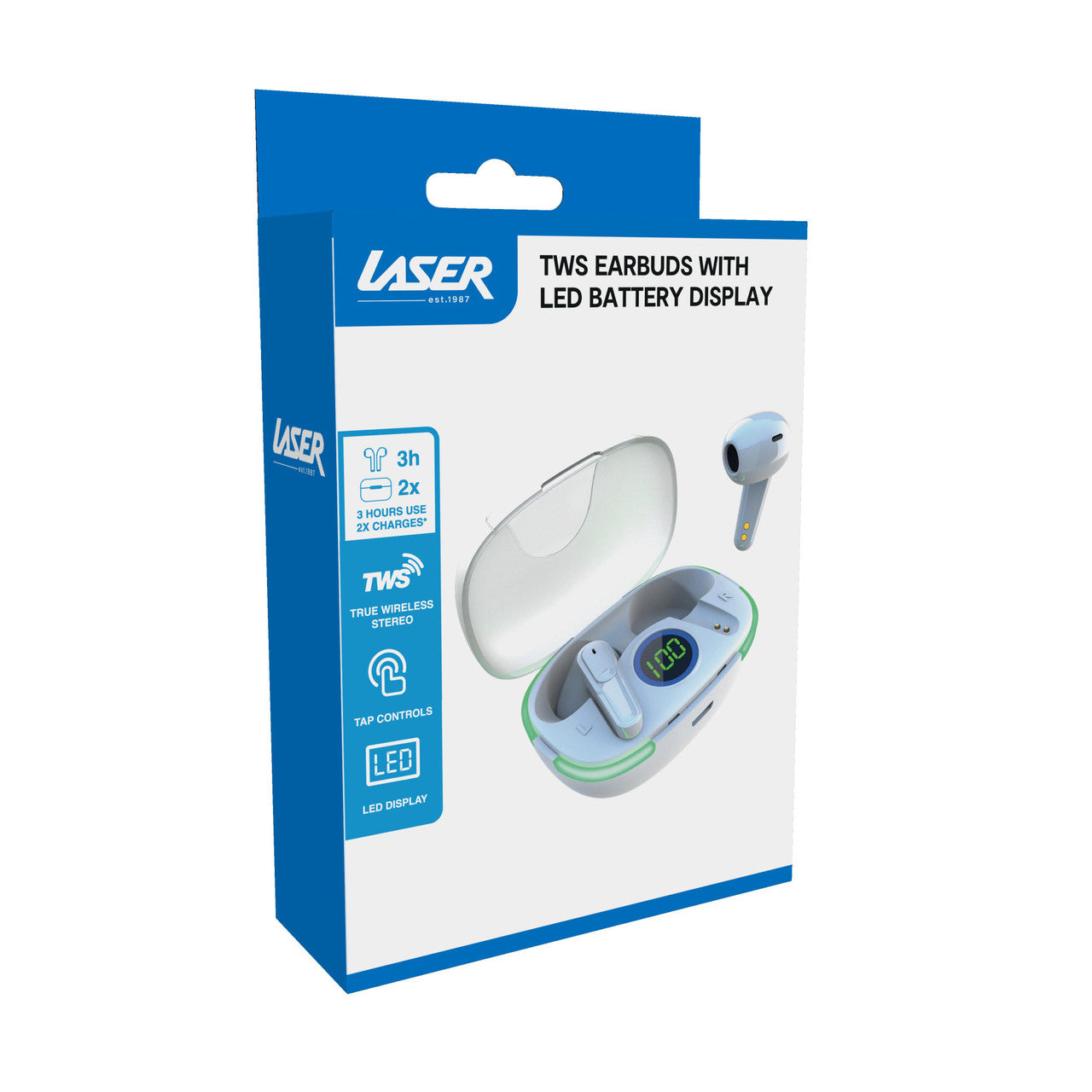 Laser TWS Wireless Earbuds with LED Display – White Bluetooth Earphones with Charging Case & Hi-Fi Sound