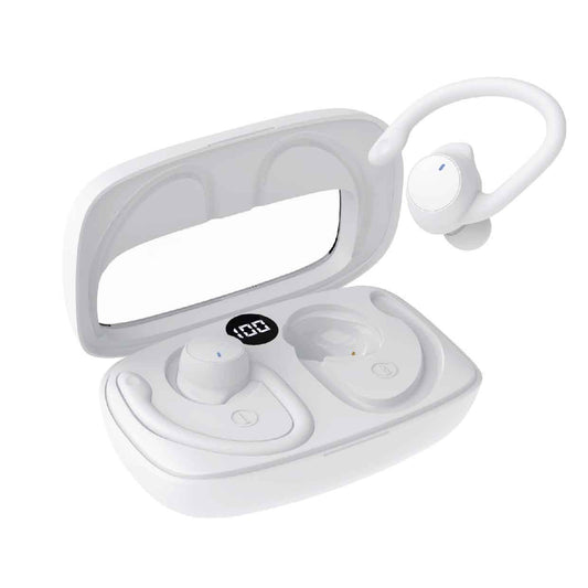 Laser Sport TWS Hook Earbuds with LED Battery Display – Wireless Bluetooth Earphones – White