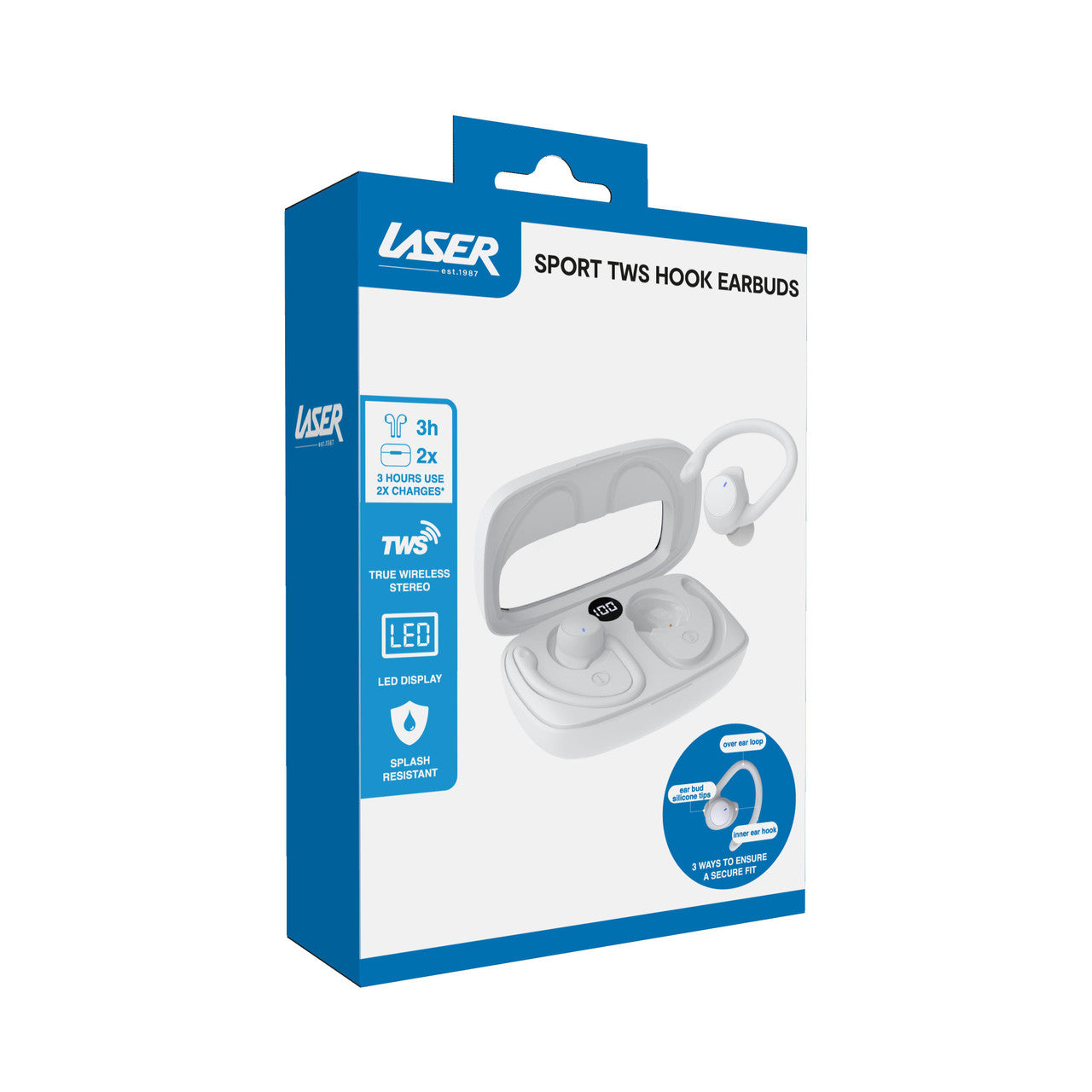 Laser Sport TWS Hook Earbuds with LED Battery Display – Wireless Bluetooth Earphones – White