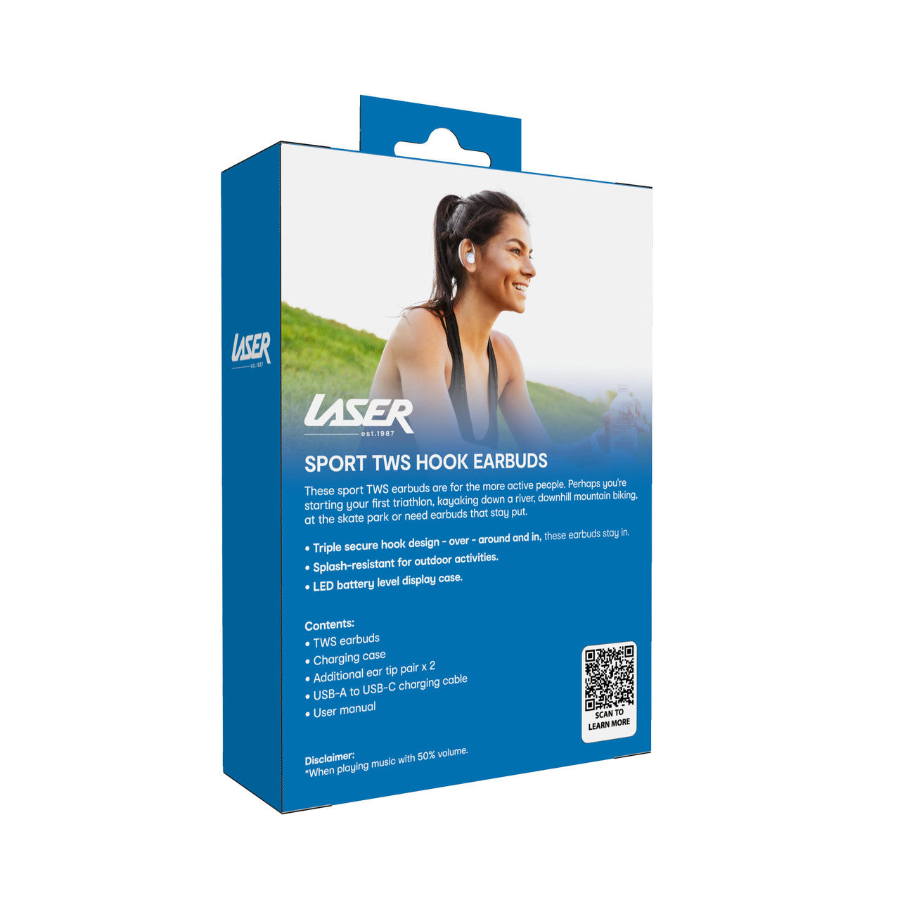 Laser Sport TWS Hook Earbuds with LED Battery Display – Wireless Bluetooth Earphones – White