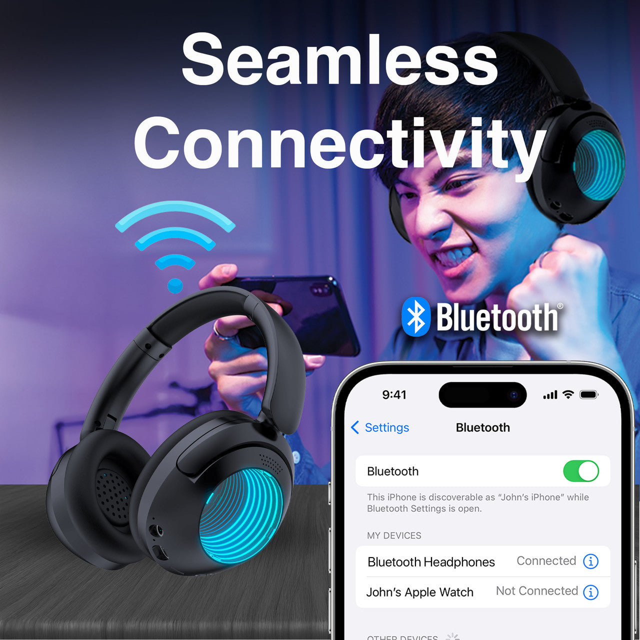 Laser Infinity Light Bluetooth Headphones – Wireless Over-Ear Headset with LED Lights & Hi-Fi Sound