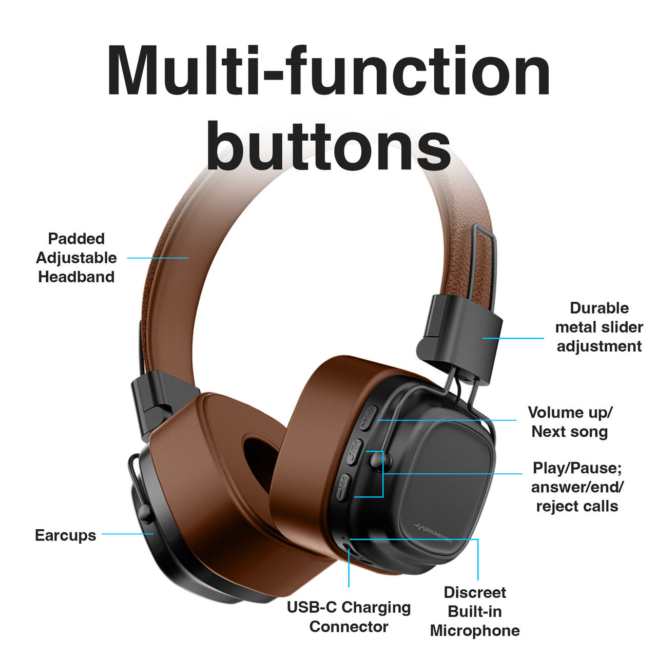 Soundtec Wireless On-Ear Headphones – Brown | Bluetooth, Lightweight, Long Battery Life