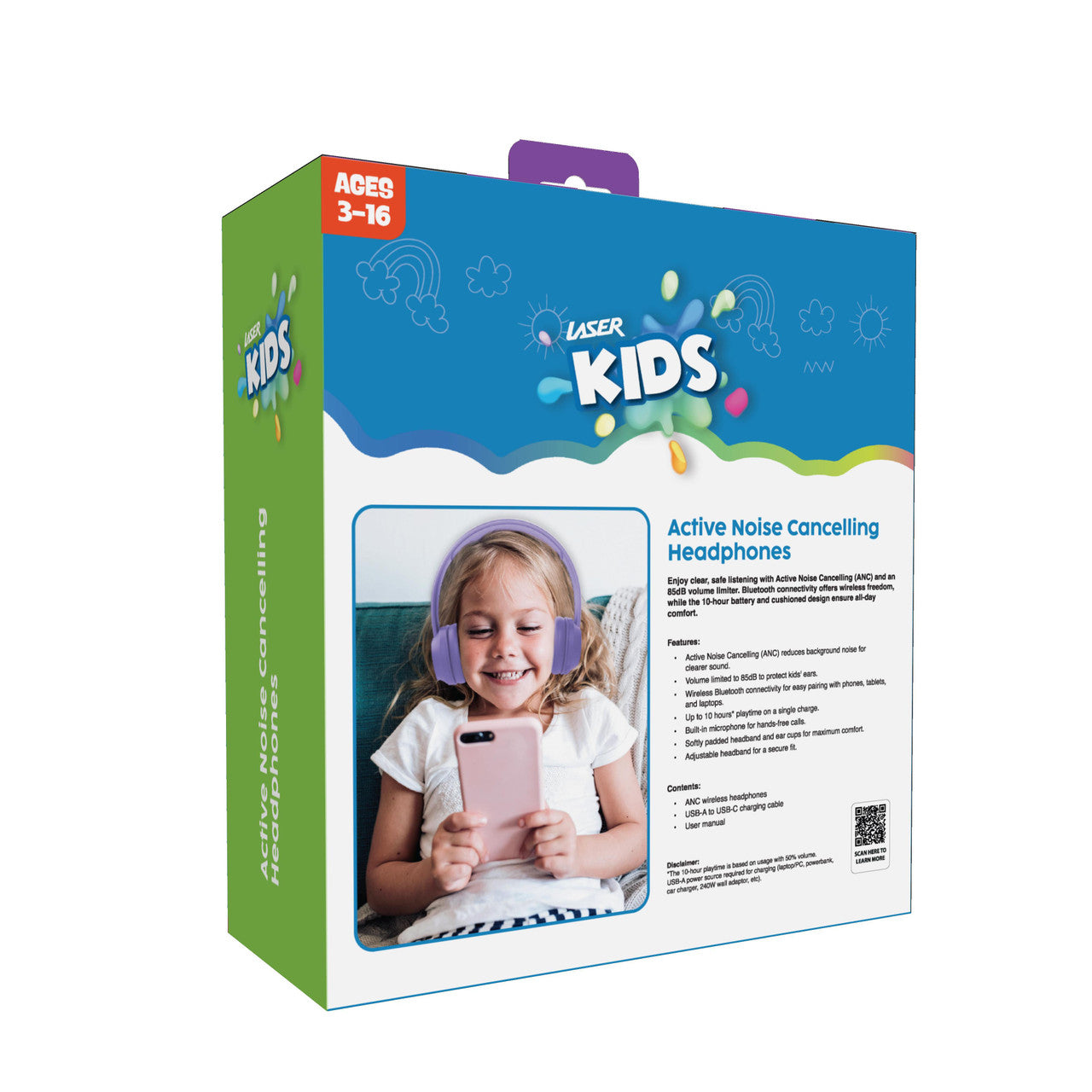 Laser Kids Headphones – Volume Limited, Active Noise Cancelling (ANC), Comfortable Fit – Lilac