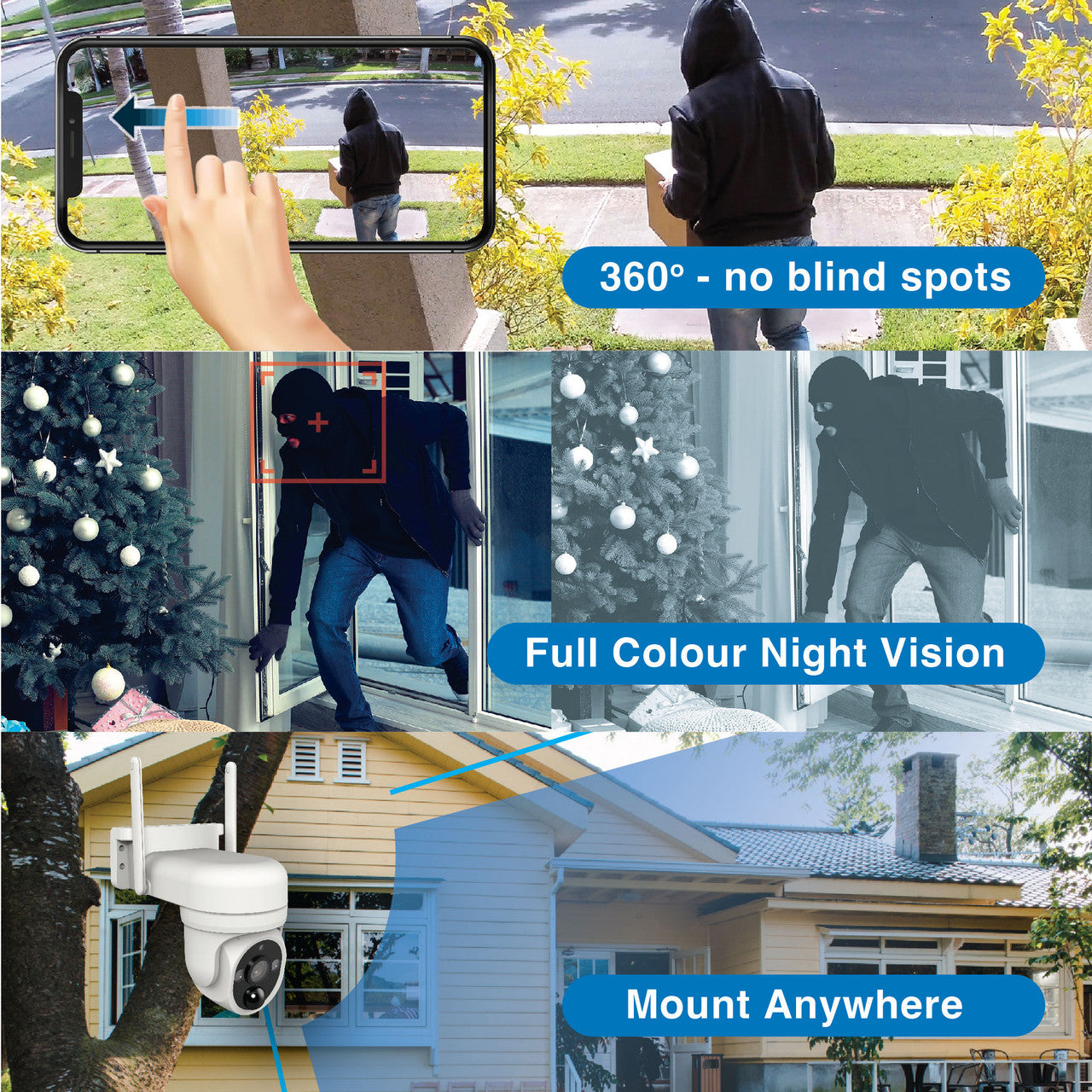 Laser FHD Outdoor Solar Security Camera – Pan Tilt WiFi Surveillance System with Night Vision – Weatherproof – White