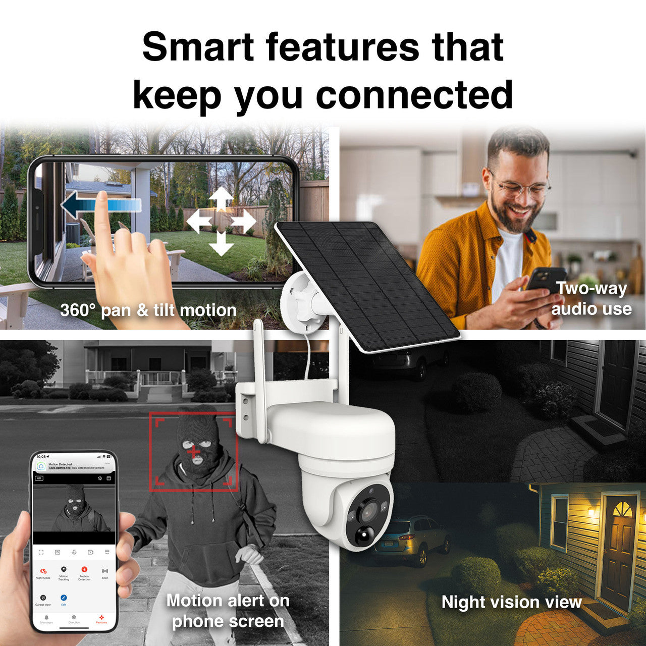 Laser FHD Outdoor Solar Security Camera – Pan Tilt WiFi Surveillance System with Night Vision – Weatherproof – White