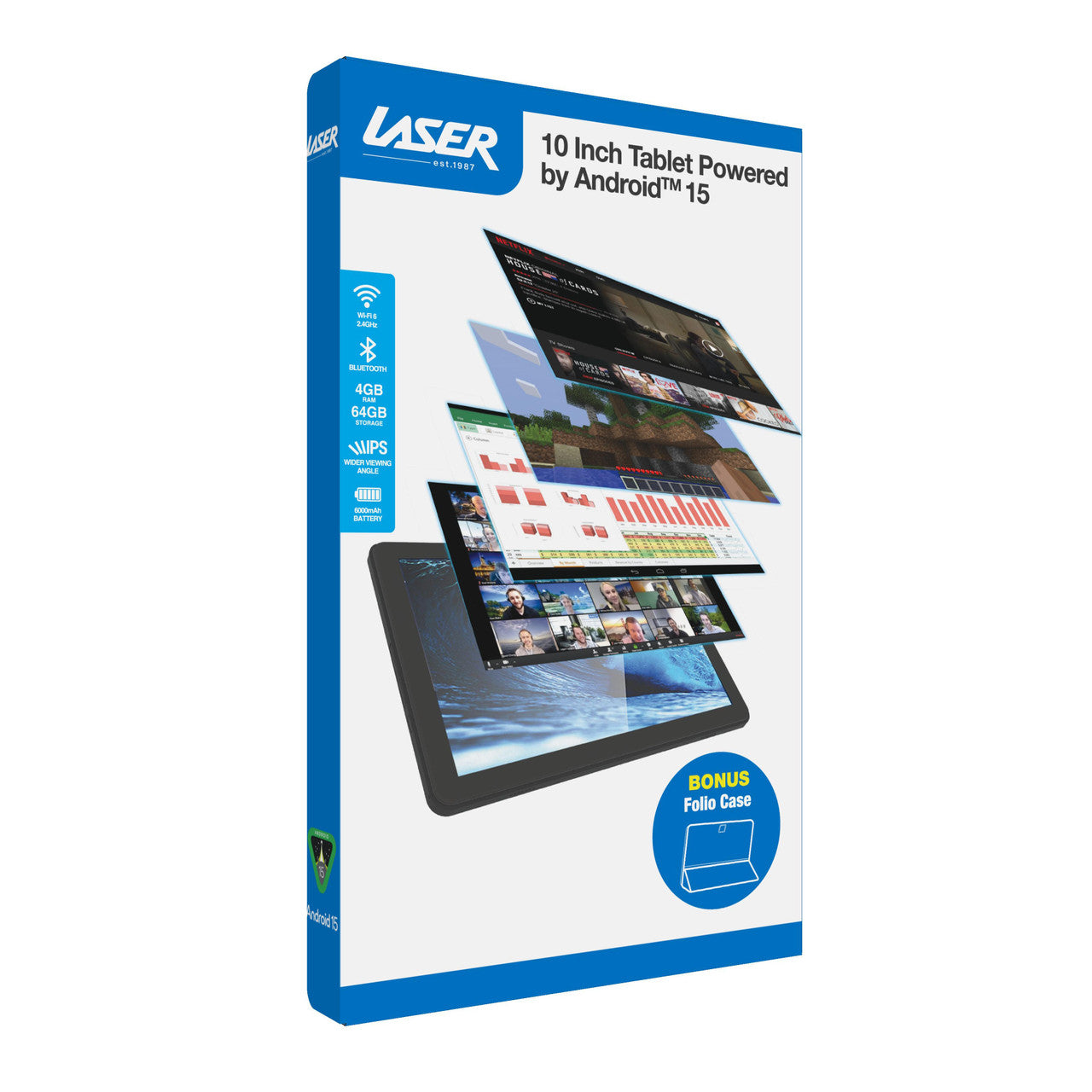 Laser 10-Inch Android Tablet – 64GB Storage with Protective Case – Wi-Fi, Touchscreen, Portable Design