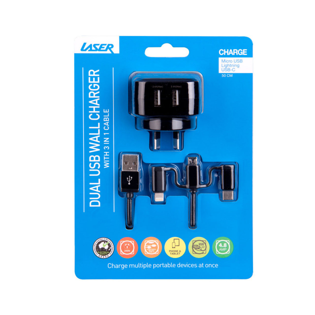 Laser Dual USB Wall Charger with Fast Charging & 3-in-1 Cable – Universal Power Adapter – Black
