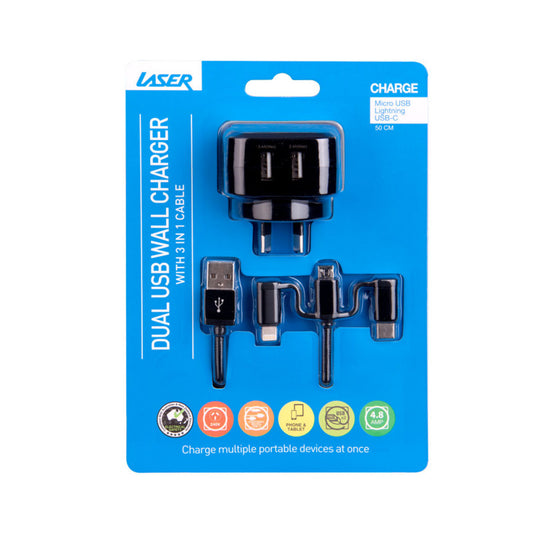 Laser Dual USB Wall Charger with Fast Charging & 3-in-1 Cable – Universal Power Adapter – Black