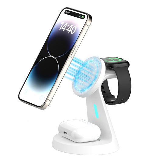 Laser 3-in-1 Wireless Charging Station – Fast Charger Stand for Phone, Watch & Earbuds – White