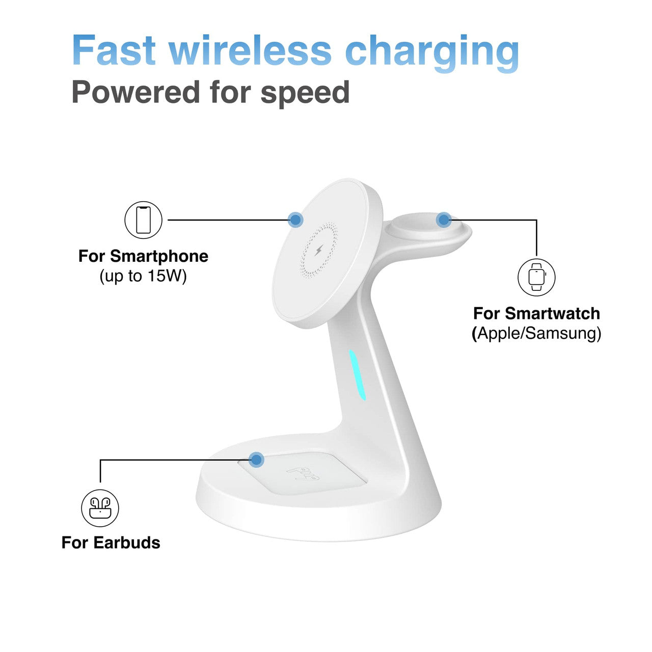 Laser 3-in-1 Wireless Charging Station – Fast Charger Stand for Phone, Watch & Earbuds – White
