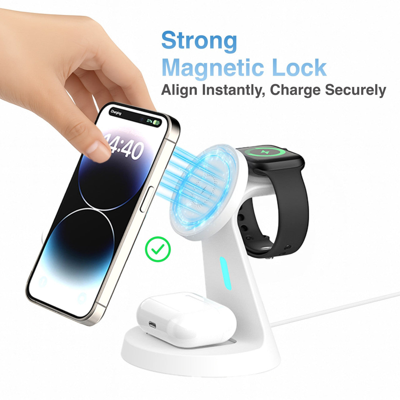 Laser 3-in-1 Wireless Charging Station – Fast Charger Stand for Phone, Watch & Earbuds – White