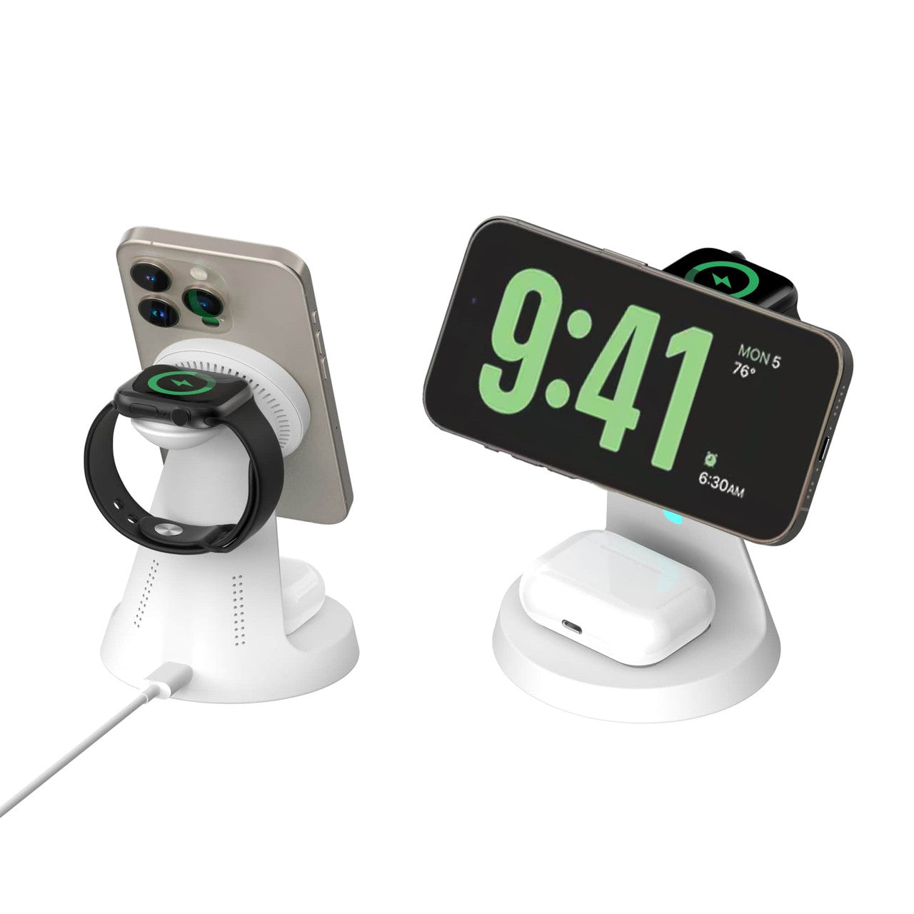 Laser 3-in-1 Wireless Charging Station – Fast Charger Stand for Phone, Watch & Earbuds – White