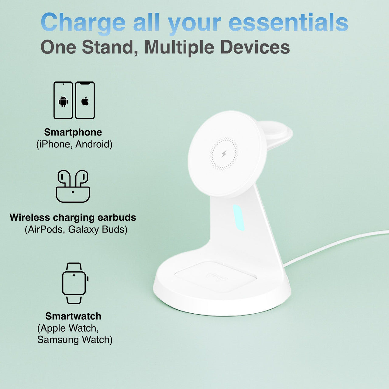 Laser 3-in-1 Wireless Charging Station – Fast Charger Stand for Phone, Watch & Earbuds – White