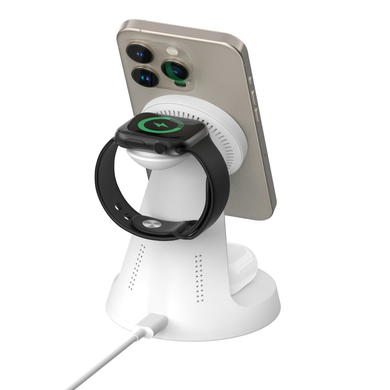 Laser 3-in-1 Wireless Charging Station – Fast Charger Stand for Phone, Watch & Earbuds – White