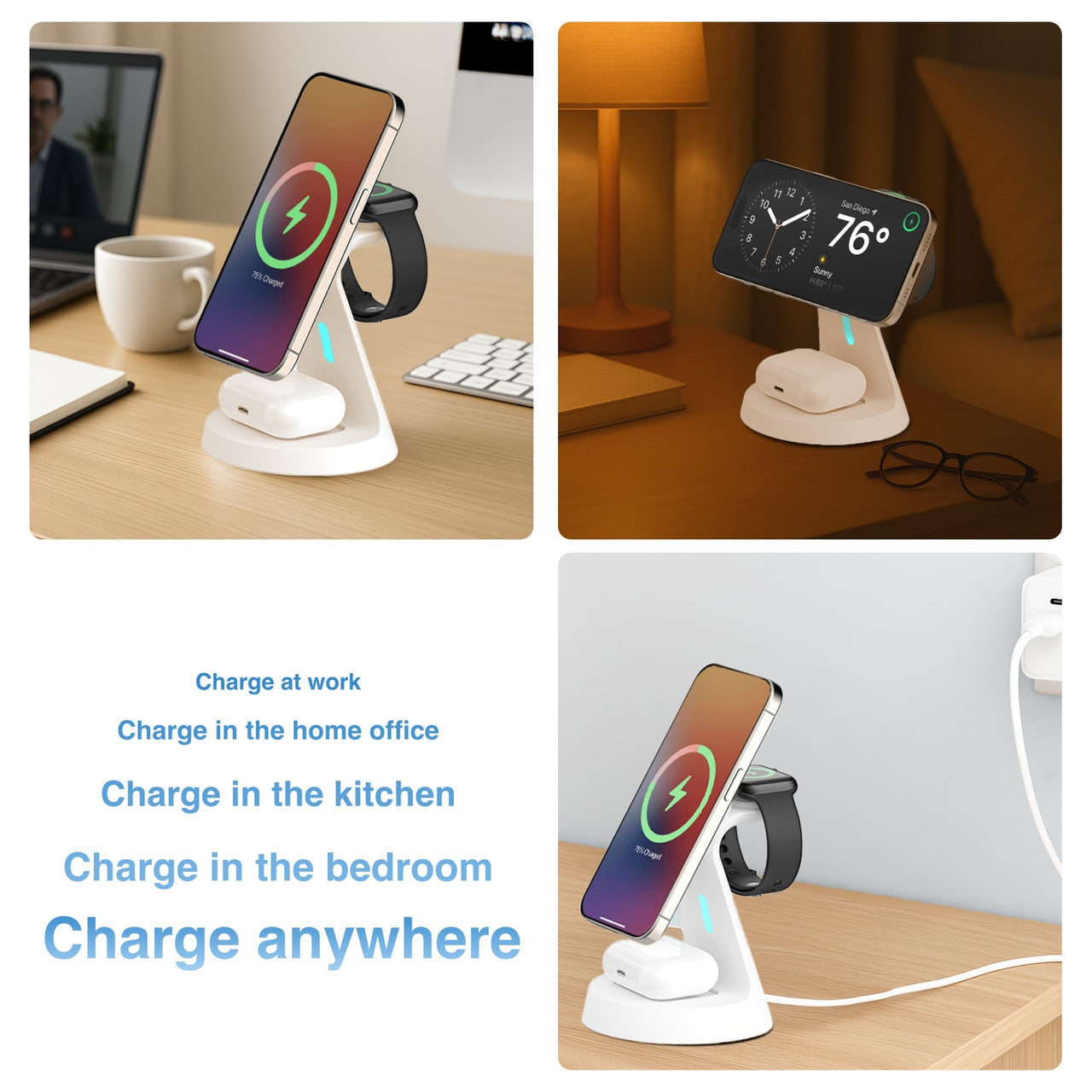 Laser 3-in-1 Wireless Charging Station – Fast Charger Stand for Phone, Watch & Earbuds – White