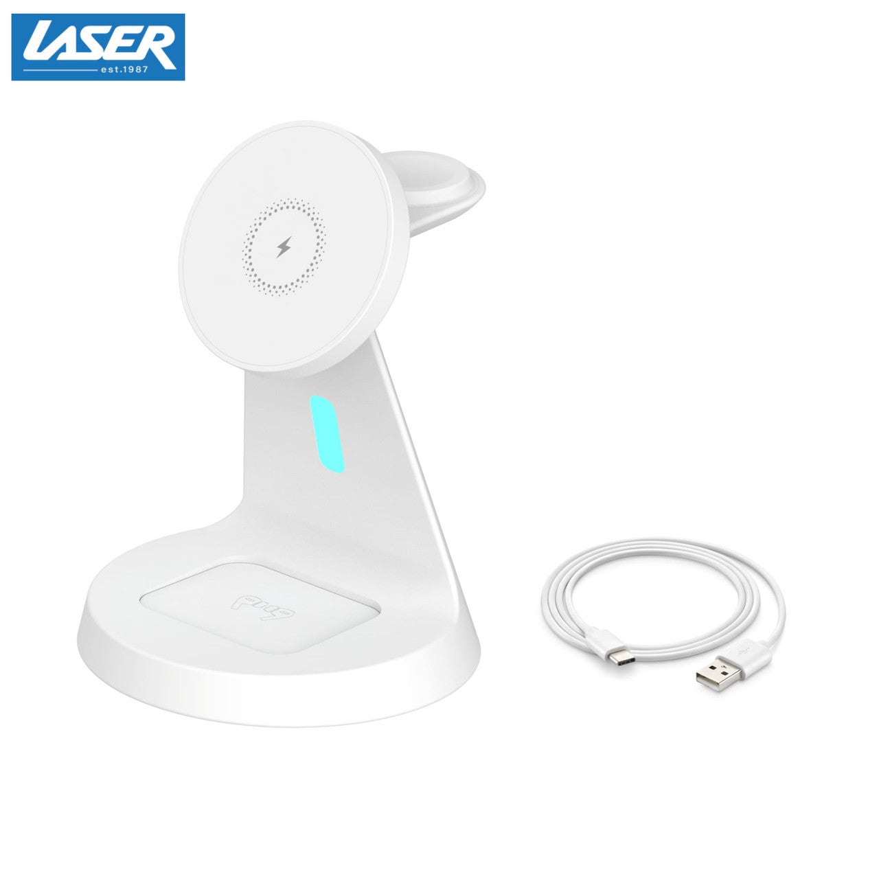 Laser 3-in-1 Wireless Charging Station – Fast Charger Stand for Phone, Watch & Earbuds – White