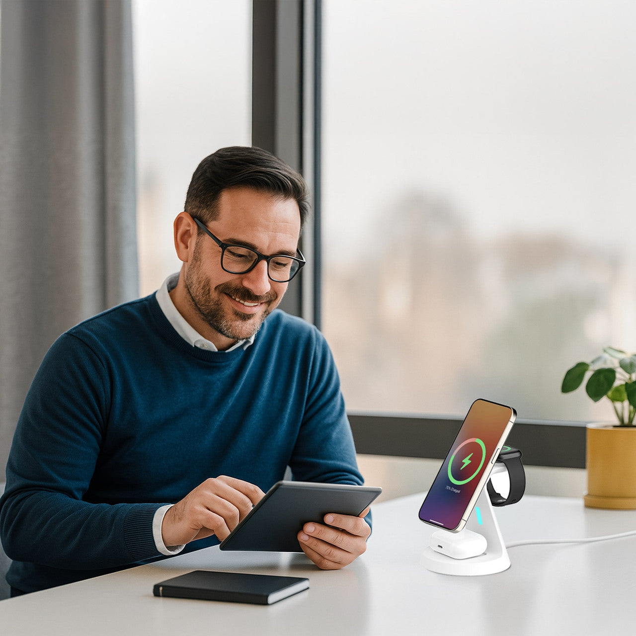Laser 3-in-1 Wireless Charging Station – Fast Charger Stand for Phone, Watch & Earbuds – White