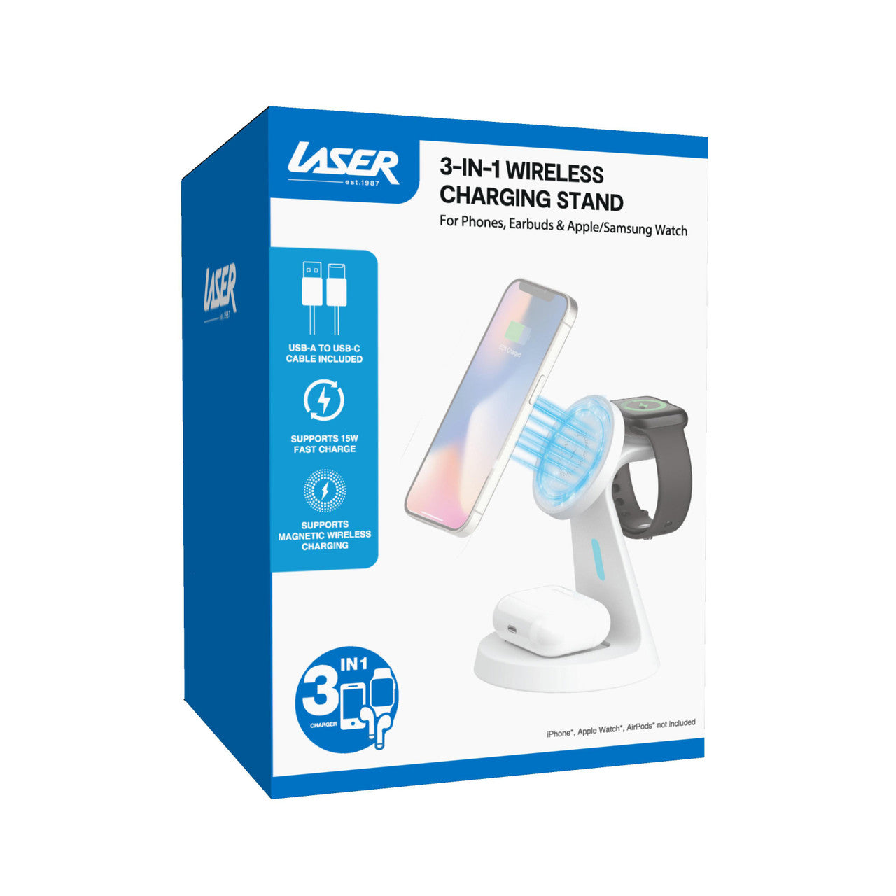 Laser 3-in-1 Wireless Charging Station – Fast Charger Stand for Phone, Watch & Earbuds – White