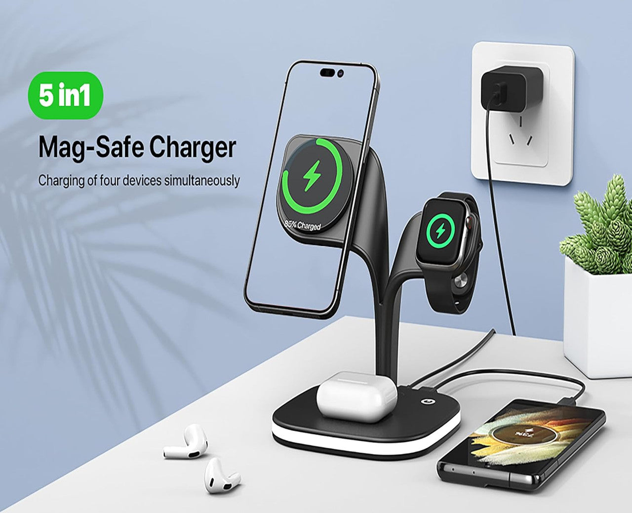 5-in-1 Wireless Charging Station with Night Light – Fast Charger for iPhone, Apple Watch, AirPods & More