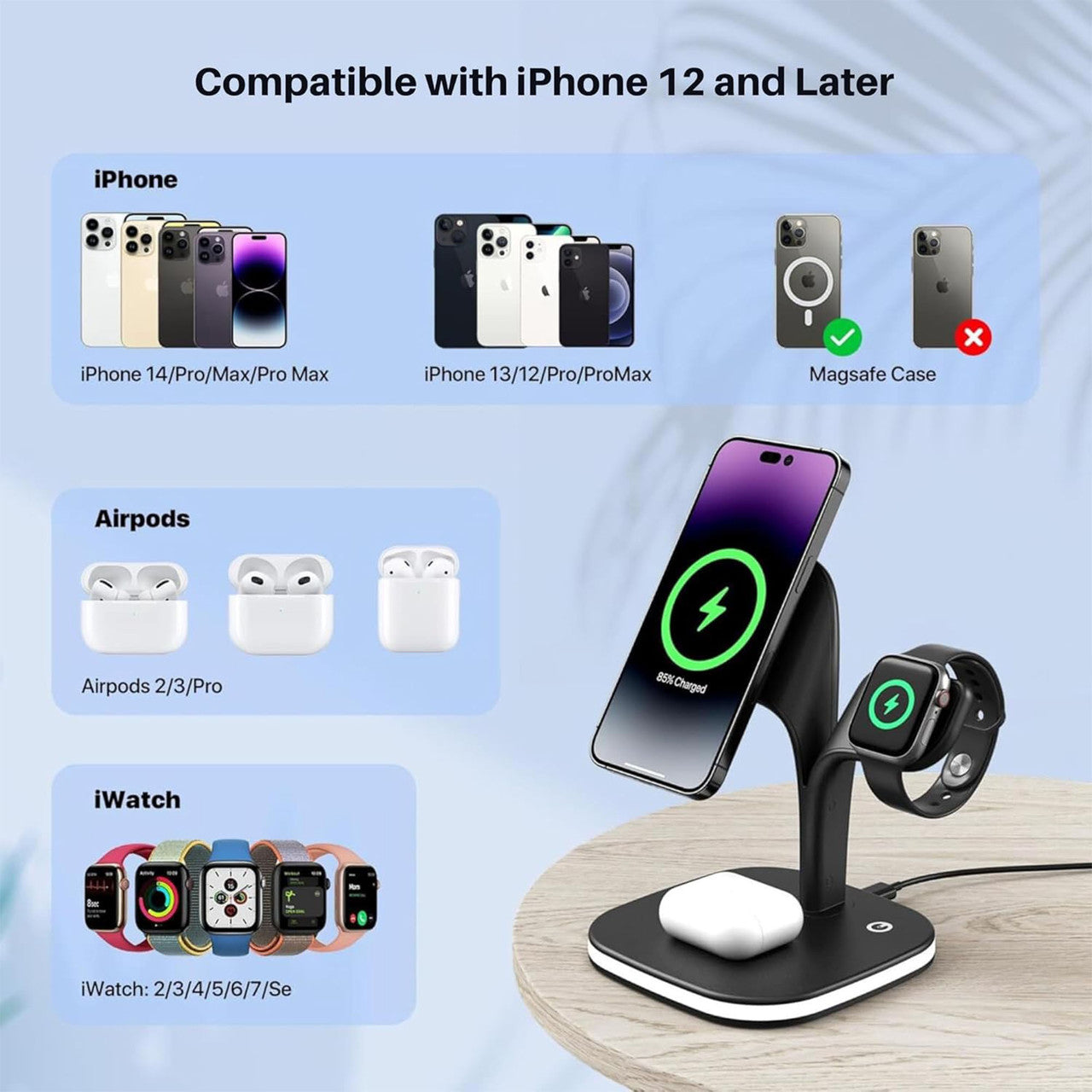 5-in-1 Wireless Charging Station with Night Light – Fast Charger for iPhone, Apple Watch, AirPods & More