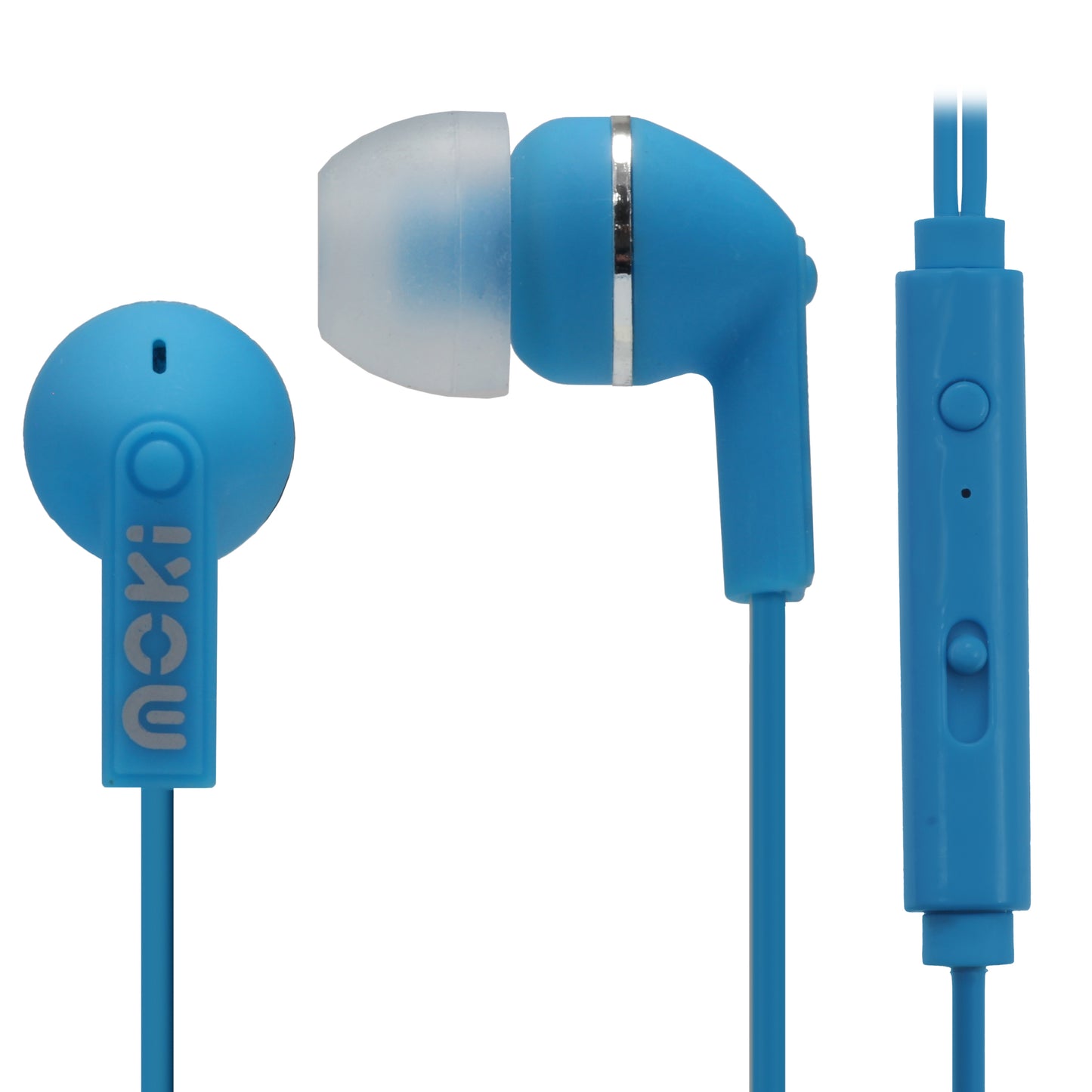 MOKI Noise Isolation Earbuds with Microphone & In-Line Controls – Wired In-Ear Headphones (Blue)