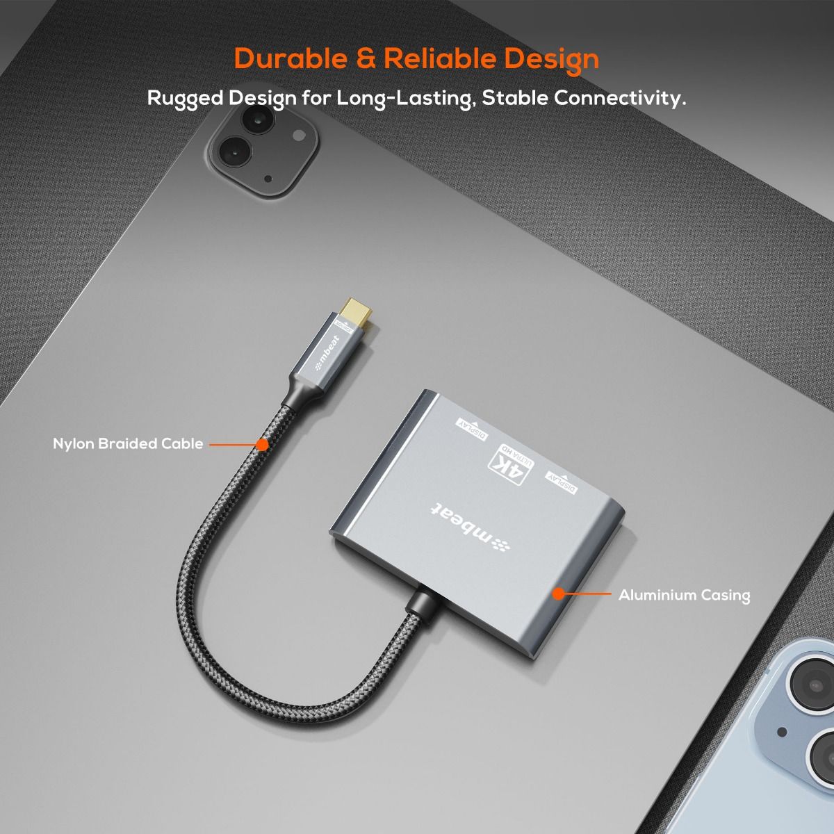 mbeat Tough Link USB-C to DisplayPort & HDMI MST Adapter – Dual 4K@60Hz Output – Space Grey