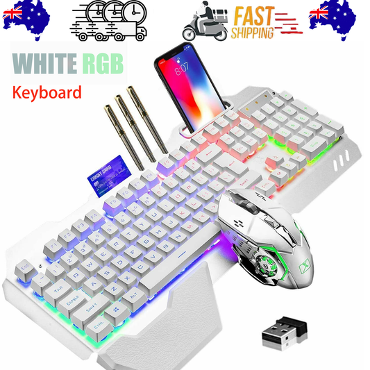 104-Key Wireless Gaming Keyboard & Mouse Combo with RGB Backlight + Mouse Pad – LED Backlit for PC/Laptop – White