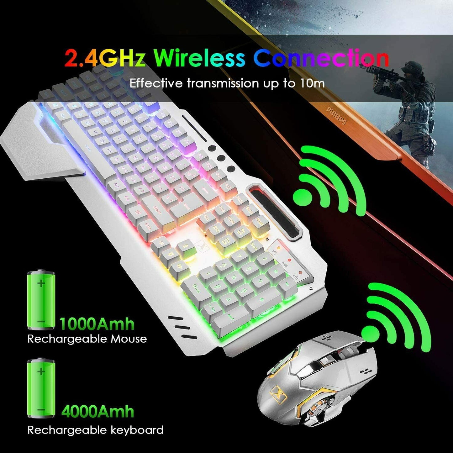 104-Key Wireless Gaming Keyboard & Mouse Combo with RGB Backlight + Mouse Pad – LED Backlit for PC/Laptop – White
