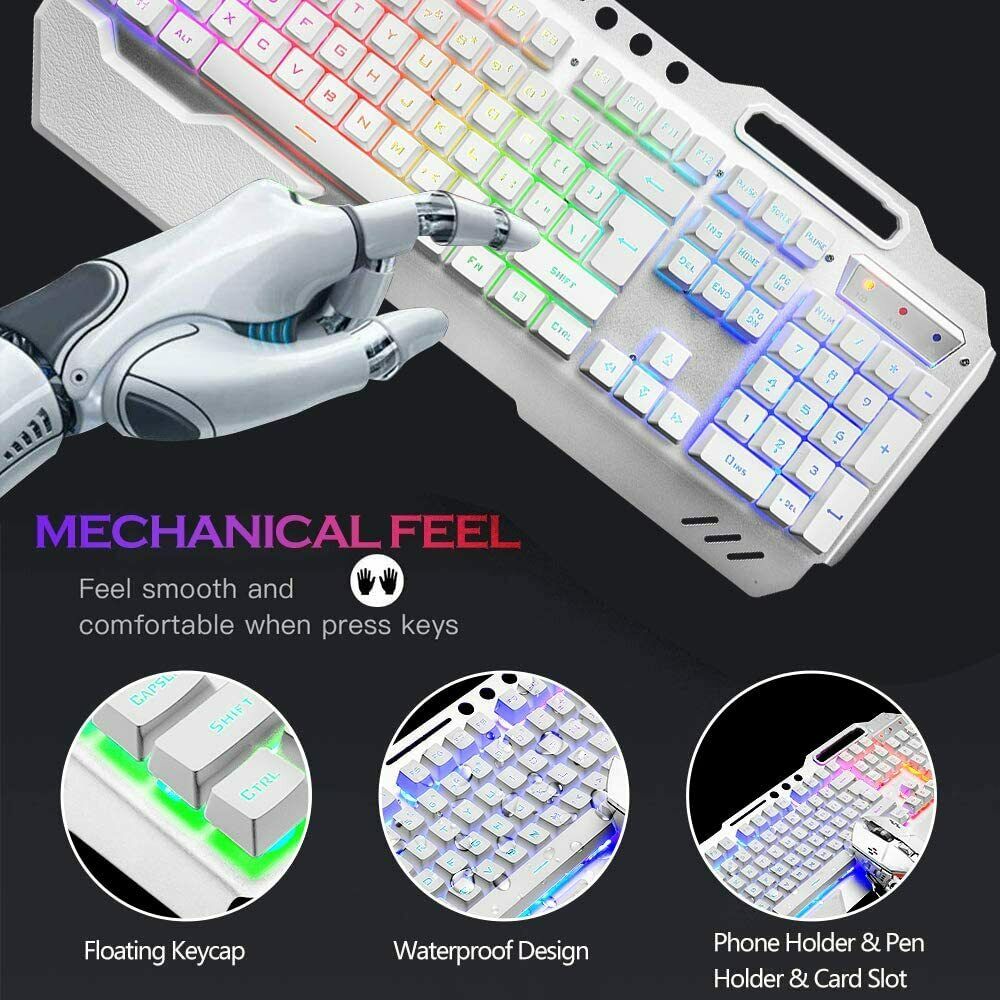 104-Key Wireless Gaming Keyboard & Mouse Combo with RGB Backlight + Mouse Pad – LED Backlit for PC/Laptop – White