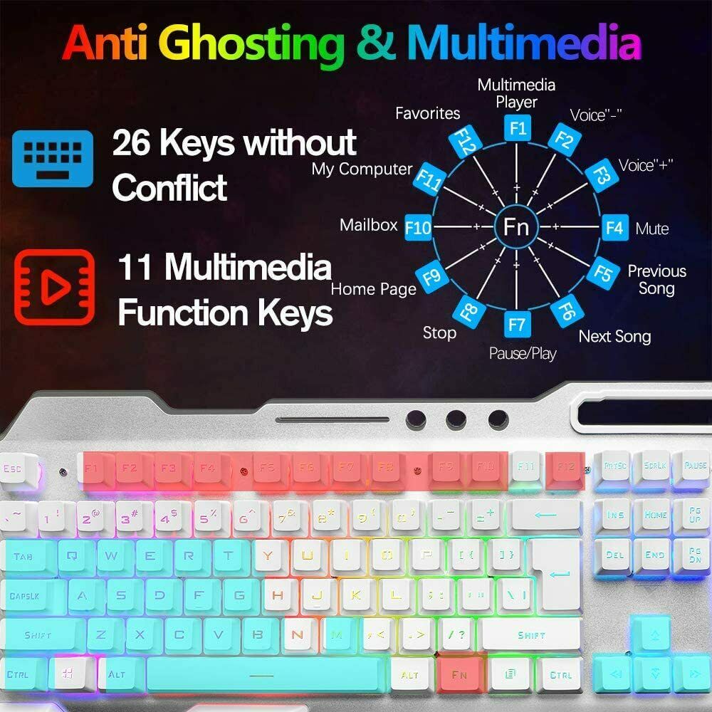 104-Key Wireless Gaming Keyboard & Mouse Combo with RGB Backlight + Mouse Pad – LED Backlit for PC/Laptop – White