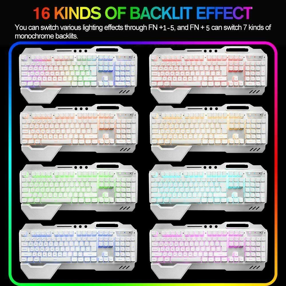 104-Key Wireless Gaming Keyboard & Mouse Combo with RGB Backlight + Mouse Pad – LED Backlit for PC/Laptop – White