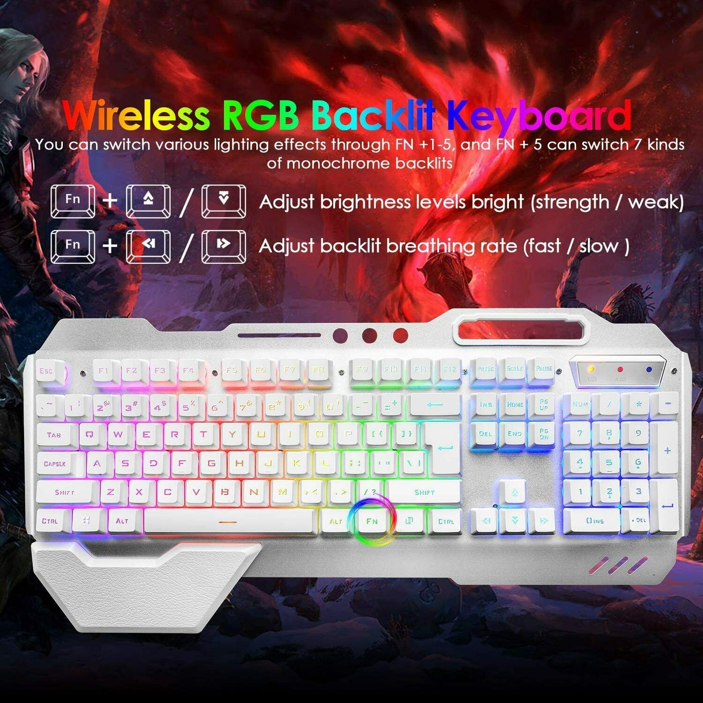 104-Key Wireless Gaming Keyboard & Mouse Combo with RGB Backlight + Mouse Pad – LED Backlit for PC/Laptop – White