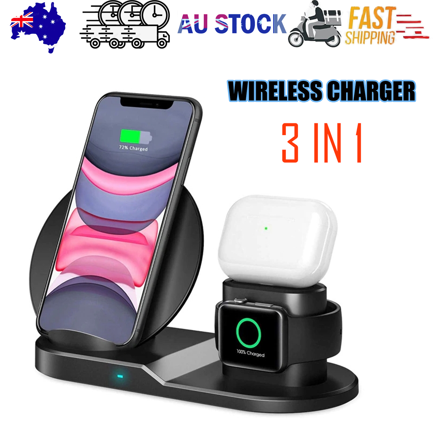N30 3-in-1 Wireless Charging Stand – Qi Fast Charger for iPhone, Samsung, AirPods & Apple Watch – Black