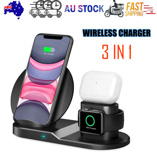 N30 3-in-1 Wireless Charging Stand – Qi Fast Charger for iPhone, Samsung, AirPods & Apple Watch – Black