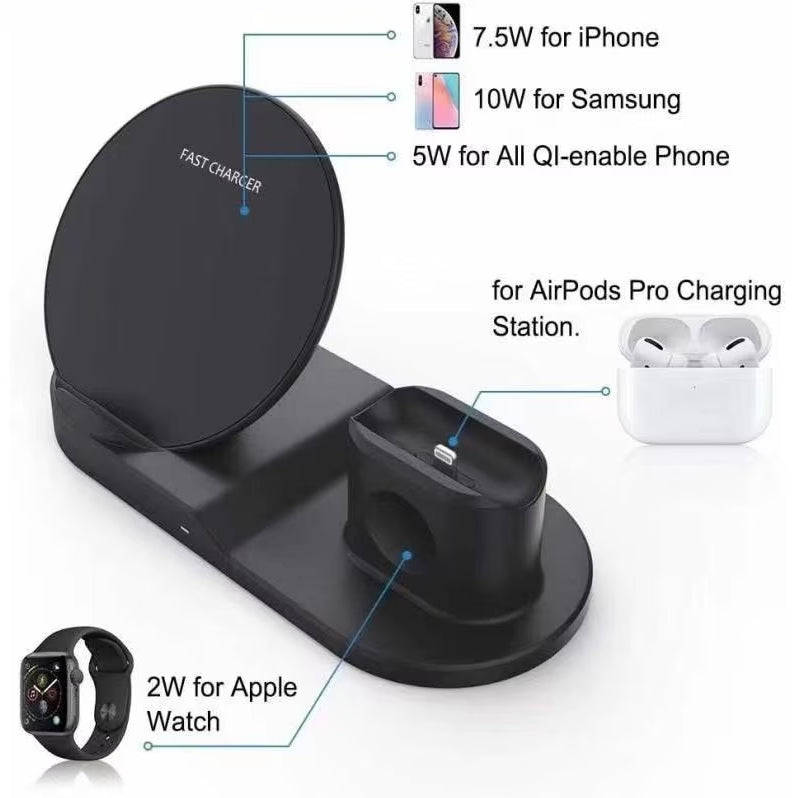 N30 3-in-1 Wireless Charging Stand – Qi Fast Charger for iPhone, Samsung, AirPods & Apple Watch – Black