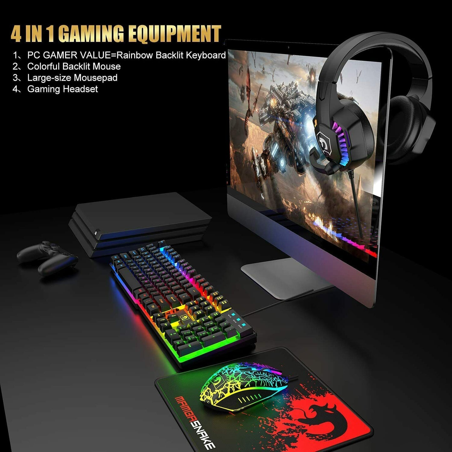 RGB Backlit Gaming Keyboard, Mouse, Headset & Mousepad Set – Wired Combo for PC & Laptop Gamers