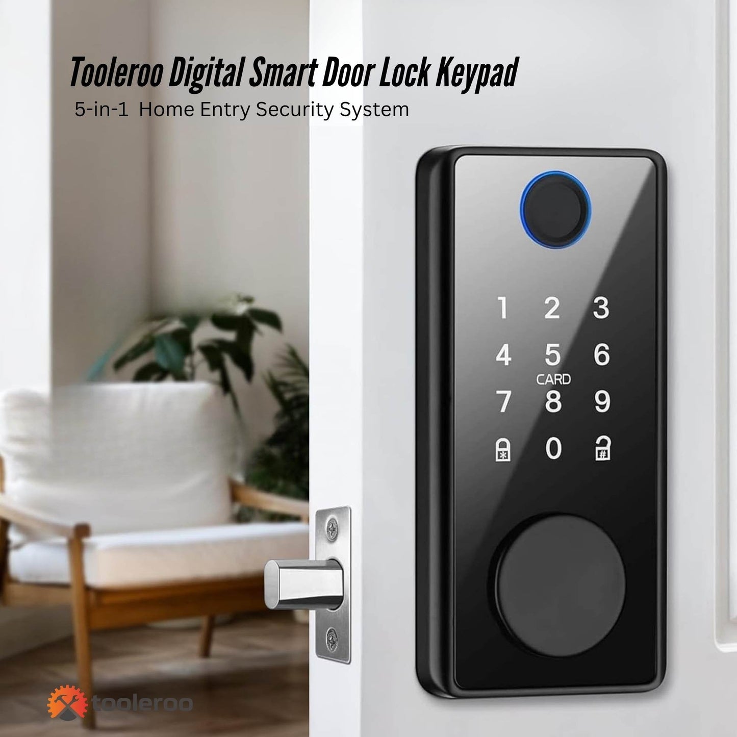 Tooleroo 5-in-1 Digital Smart Door Lock with Keypad – Home Entry Security System with Fingerprint, App & Key Access