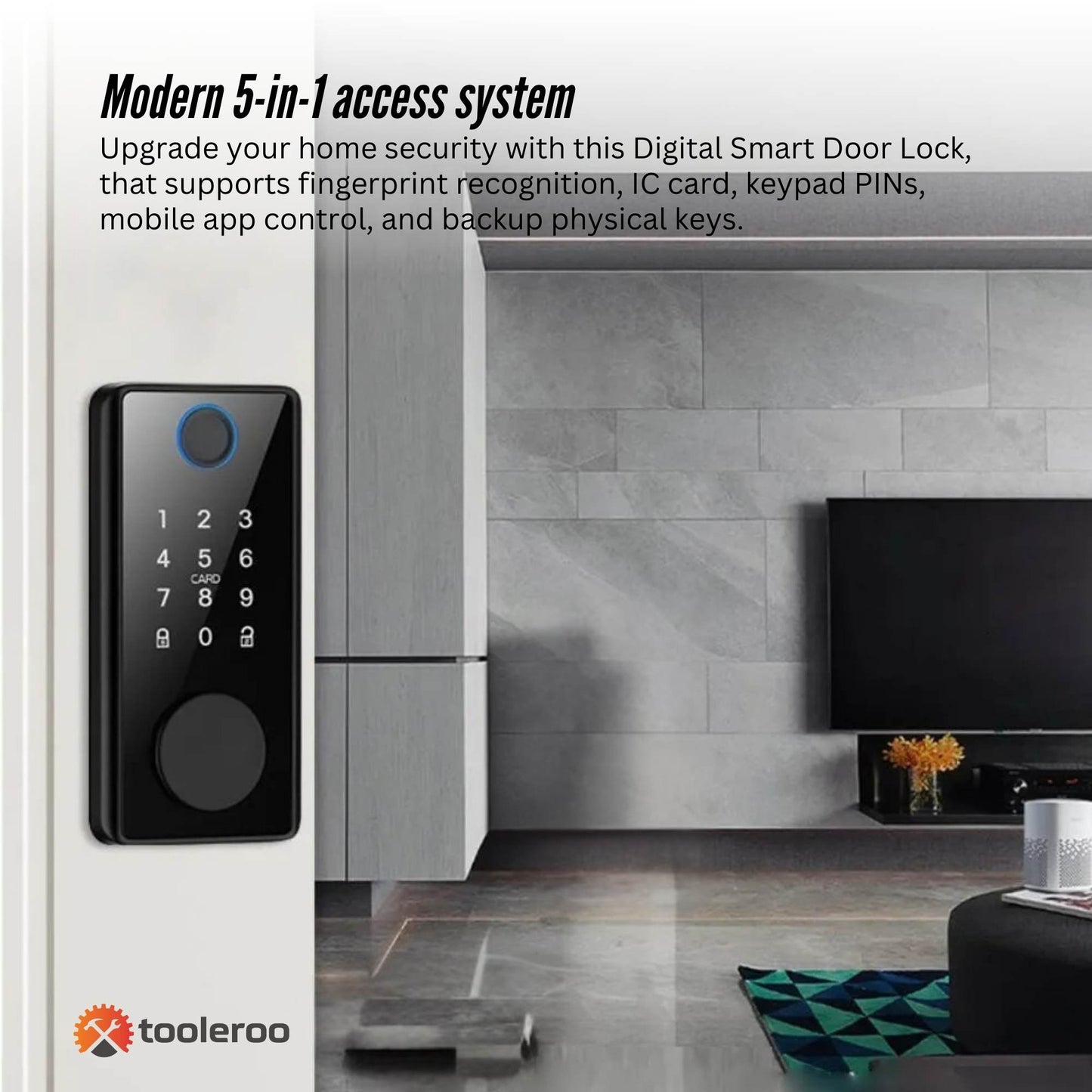 Tooleroo 5-in-1 Digital Smart Door Lock with Keypad – Home Entry Security System with Fingerprint, App & Key Access