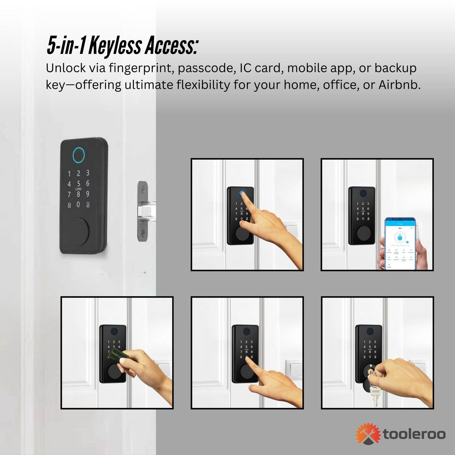 Tooleroo 5-in-1 Digital Smart Door Lock with Keypad – Home Entry Security System with Fingerprint, App & Key Access
