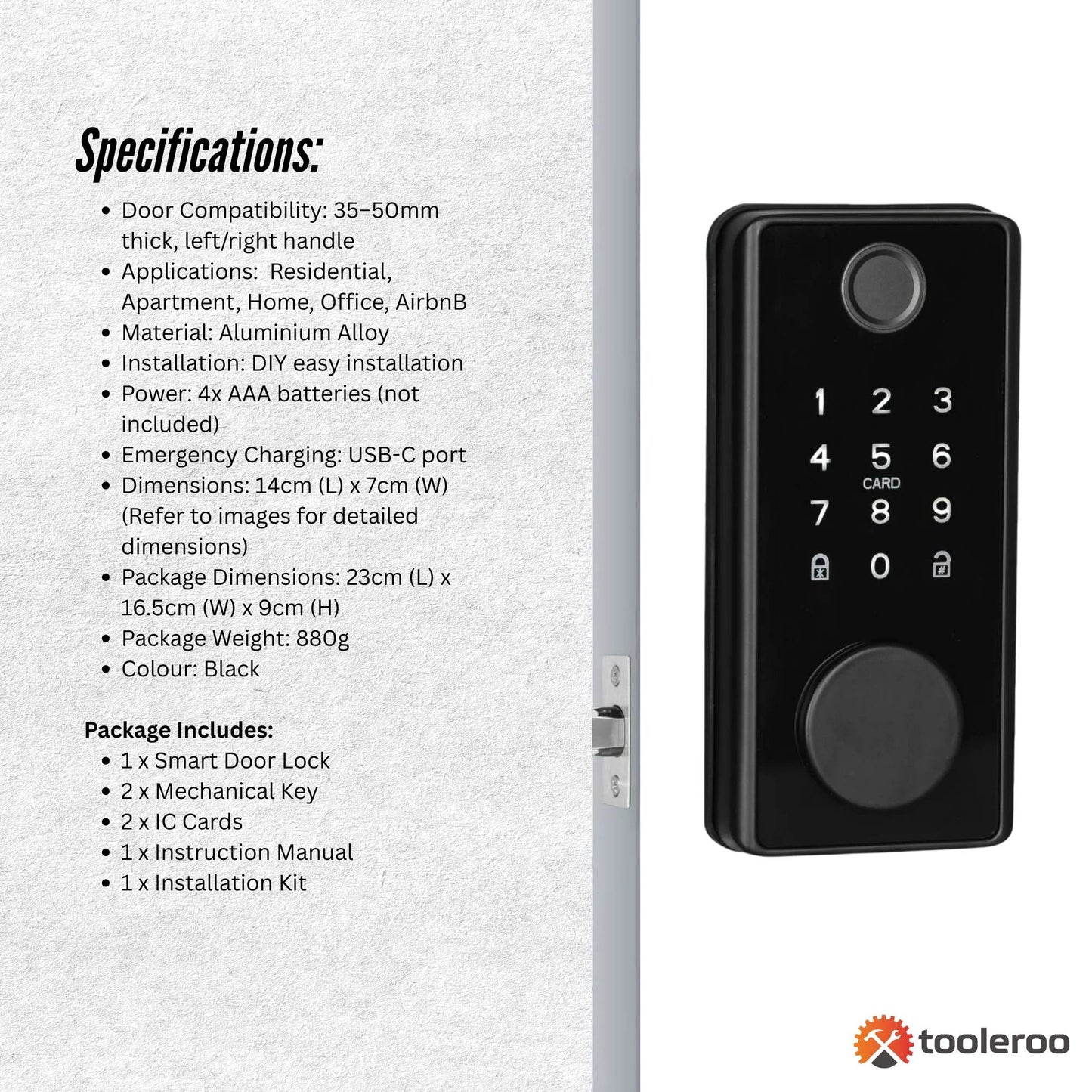 Tooleroo 5-in-1 Digital Smart Door Lock with Keypad – Home Entry Security System with Fingerprint, App & Key Access