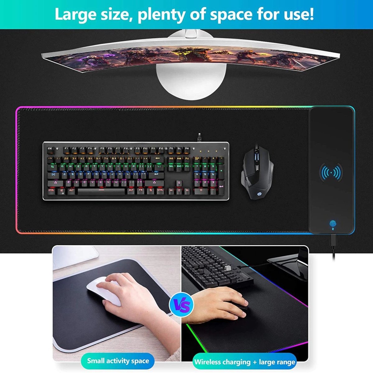 RGB Wireless Charging Mouse Pad – 15W Fast Charger, Oversized 800x300mm Gaming Desk Pad