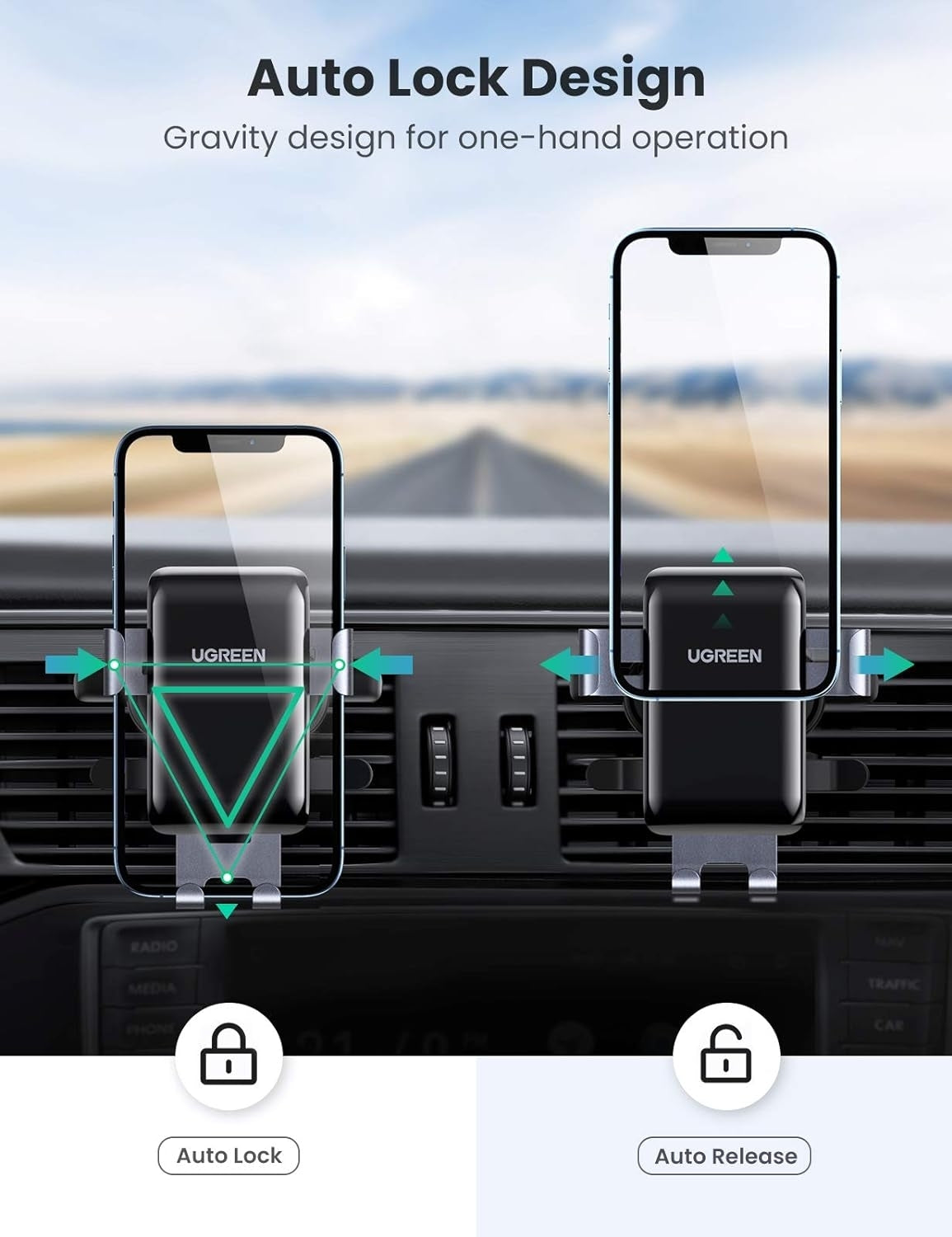 UGREEN 30401 Gravity Car Mount – Air Vent Phone Holder with Auto-Lock & One-Hand Operation