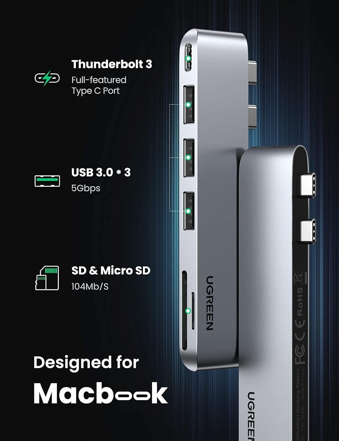 UGREEN 60560 USB-C Hub for MacBook – Aluminum Type-C Adapter with 3 USB 3.0 Ports & 100W PD Charging