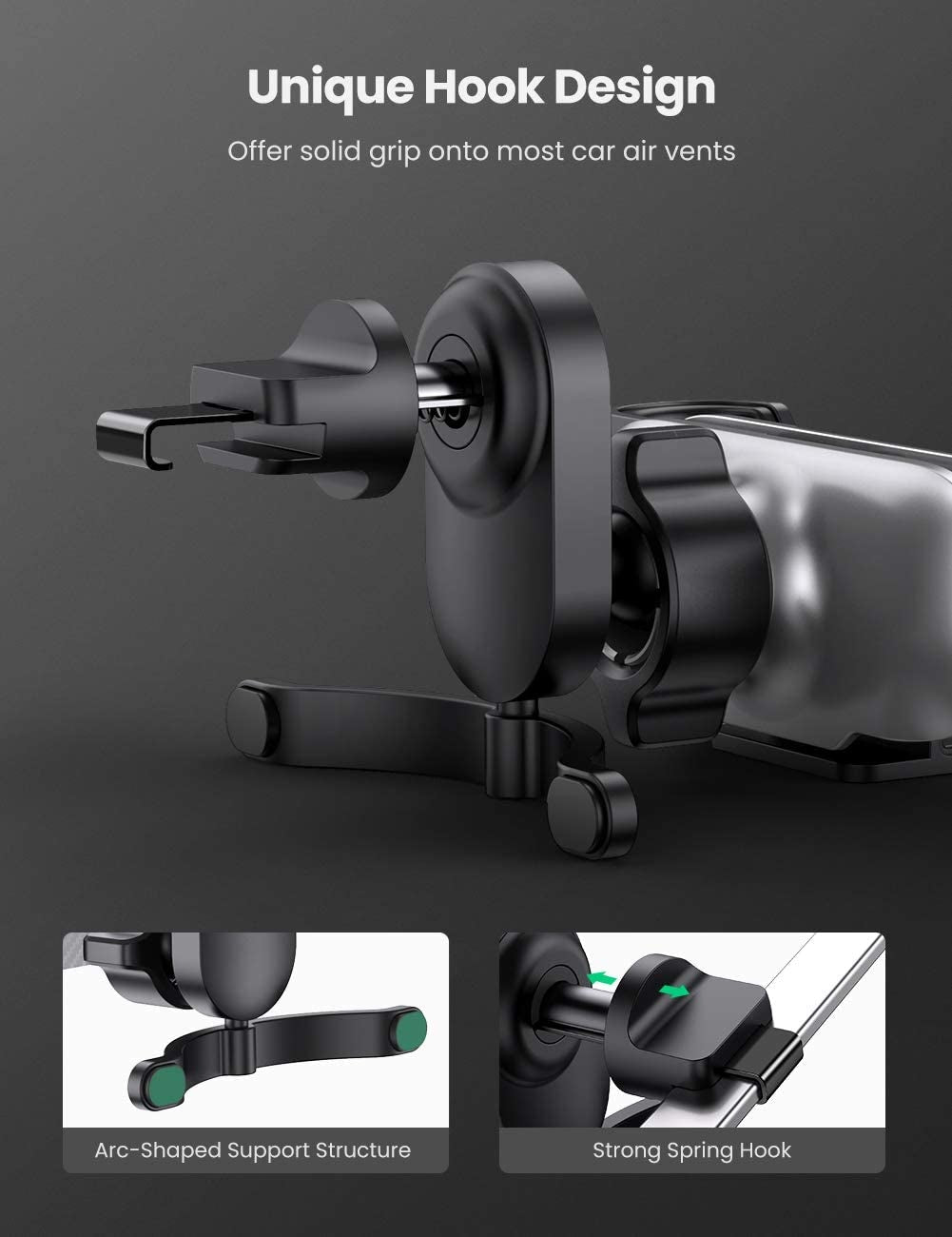 UGREEN 80871 Gravity Car Phone Holder with Hook Clip – Universal Air Vent Mount for Smartphones.