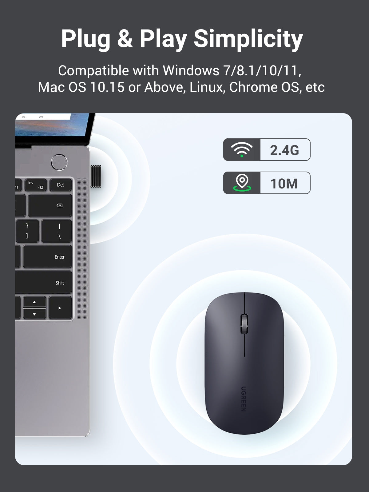UGREEN 90372 Slim 2.4G Wireless Mouse – Compact Ergonomic Optical Mouse with USB Receiver