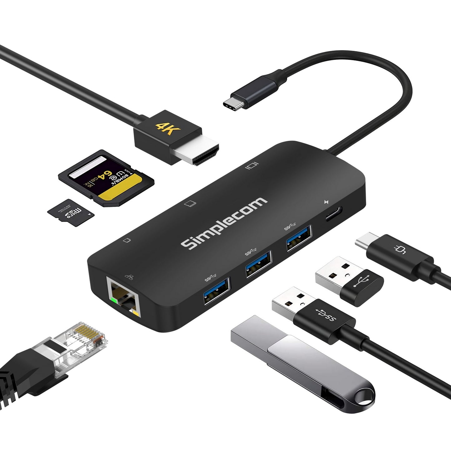 Simplecom CHT580 USB-C 8-in-1 Multiport Hub – HDMI 2.0, USB 3.0, PD Charging Docking Station