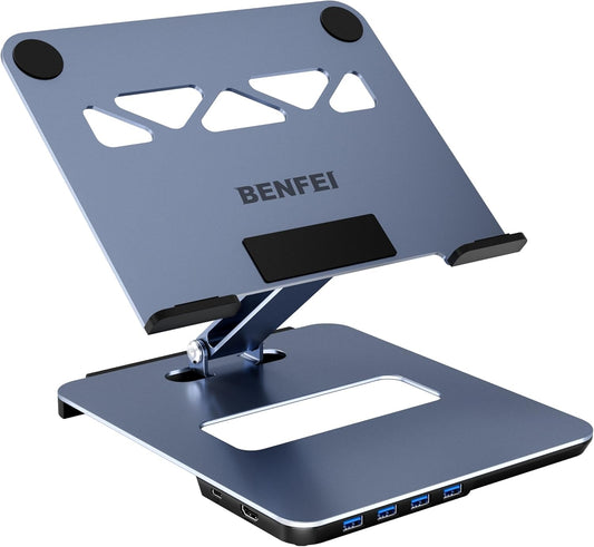 BENFEI 380GY Laptop Stand with USB-C Dock – 6-in-1 Hub with 4K@60Hz HDMI, 4× USB 3.0, 100W PD Charging
