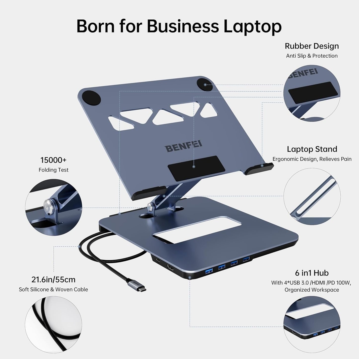 BENFEI 380GY Laptop Stand with USB-C Dock – 6-in-1 Hub with 4K@60Hz HDMI, 4× USB 3.0, 100W PD Charging