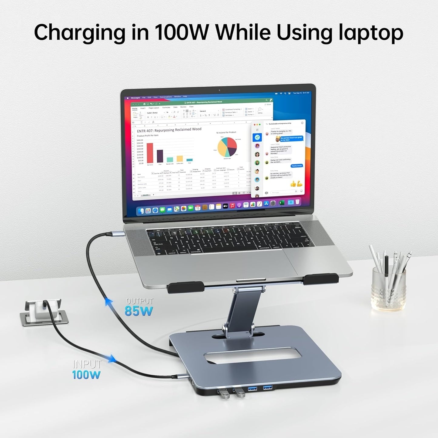 BENFEI 380GY Laptop Stand with USB-C Dock – 6-in-1 Hub with 4K@60Hz HDMI, 4× USB 3.0, 100W PD Charging