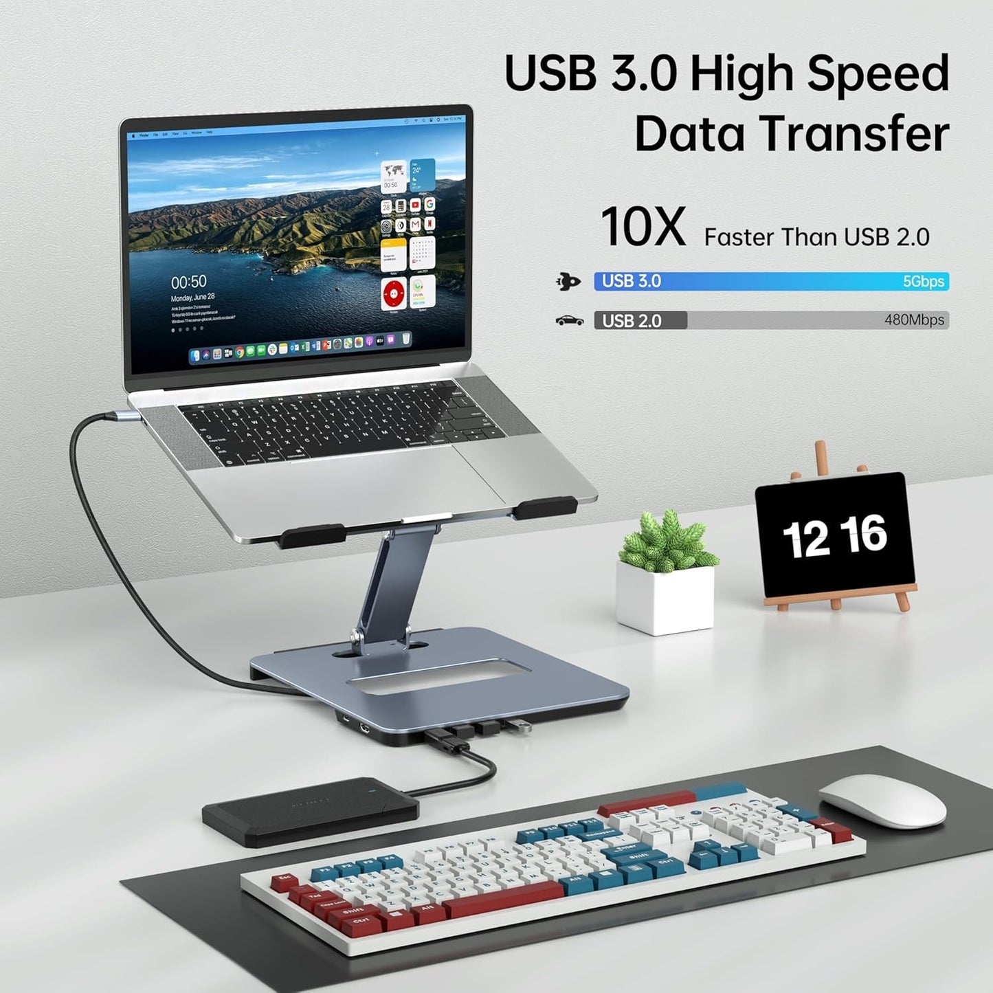 BENFEI 380GY Laptop Stand with USB-C Dock – 6-in-1 Hub with 4K@60Hz HDMI, 4× USB 3.0, 100W PD Charging